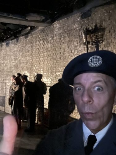 Getting ready to be shot in the sewer scene